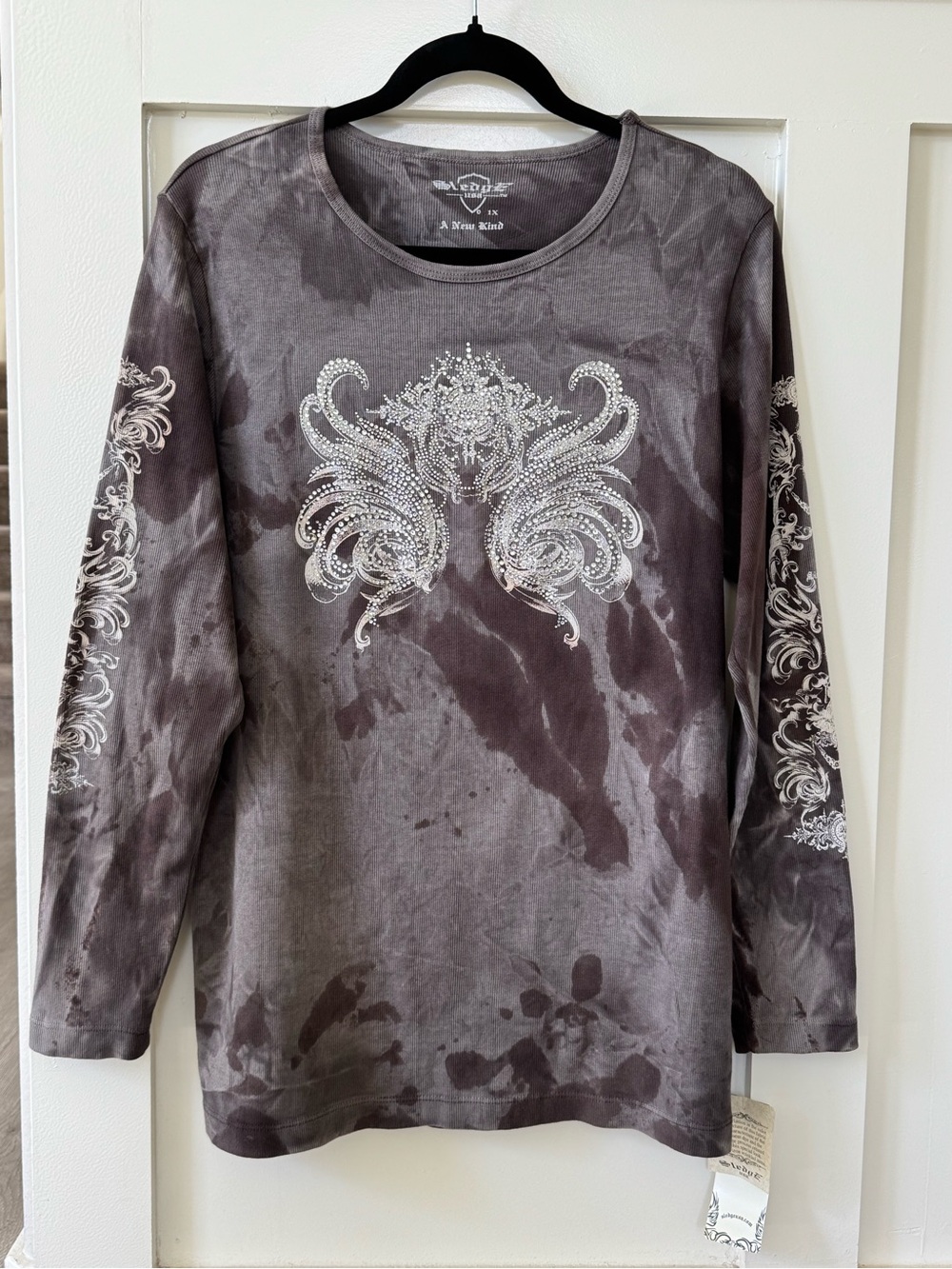 Vtg Y2K Sledge USA Grunge Rhinestone Tattoo Graphic Ribbed Long Sleeve Tee Sz 1X